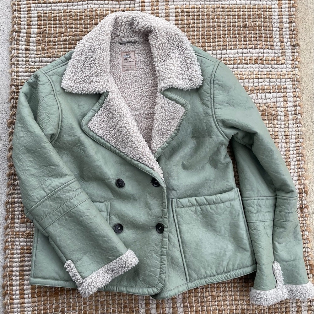 Free People Sage Green Vegan Leather Shearling Jacket Small Cottagecore Moto